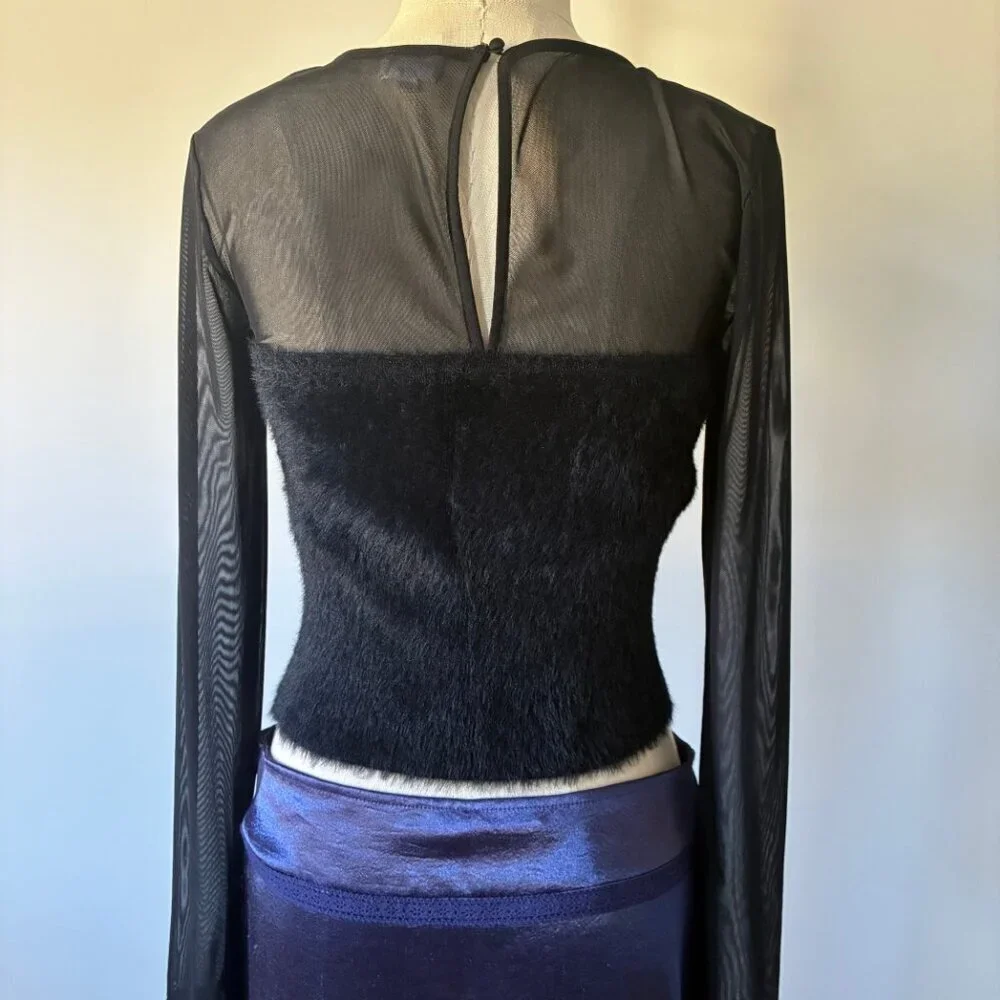 Le Lis Black Fluffy Bodice Sheer Women's Long Sleeve Top